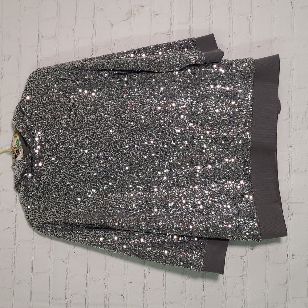 Zenergy By Chicos Silver Sequins Slouch Neck Quarter Sleeve Top Womens Size 3 - Picture 7 of 9